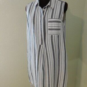 Liz Claiborne Women Sleeveless Dress Sz M Linen Blend Chambray Striped Pockets